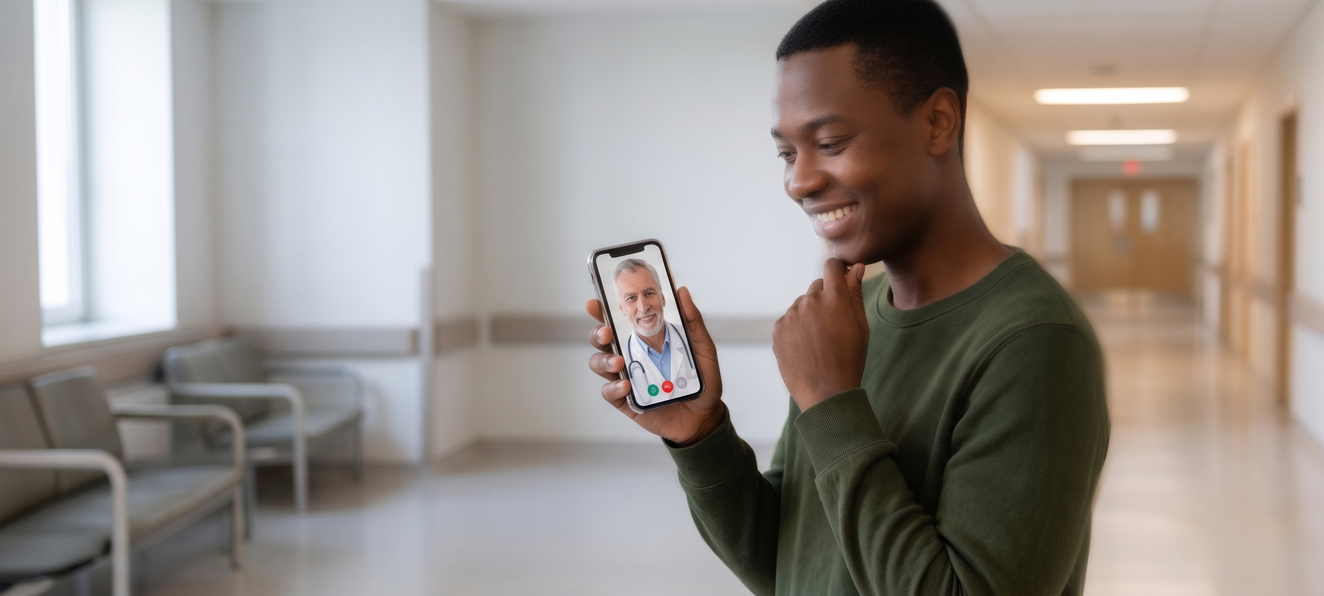 Pessoa sorrindo em corredor de hospital, segurando o celular em videochamada com um médico